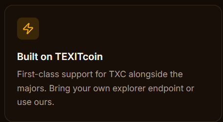 Screenshot from Nectar-Pay.com claiming the product is Built on TEXITcoin with first-class TXC support.
